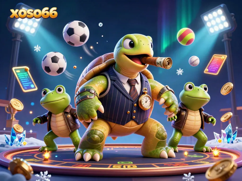 Engage in thrilling betting action with xoso66 featuring a cartoon turtle and bullfrogs on a vibrant casino floor.