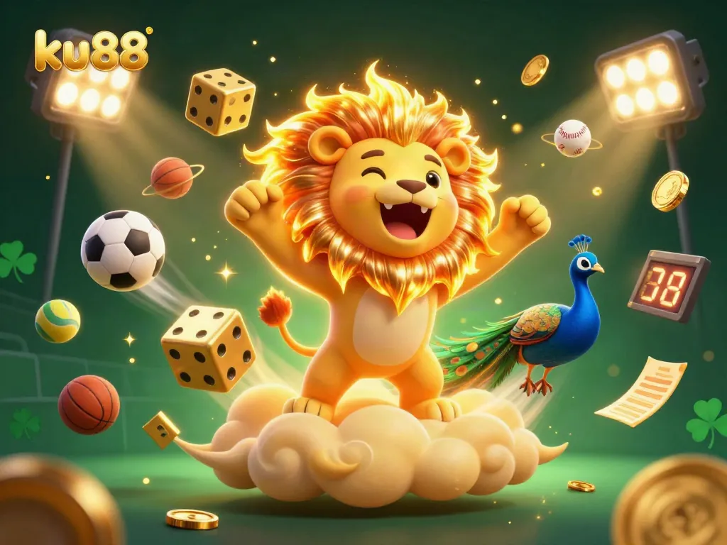 Bet on ku88 with exhilarating sports action depicted by a roaring lion and dynamic gaming elements.