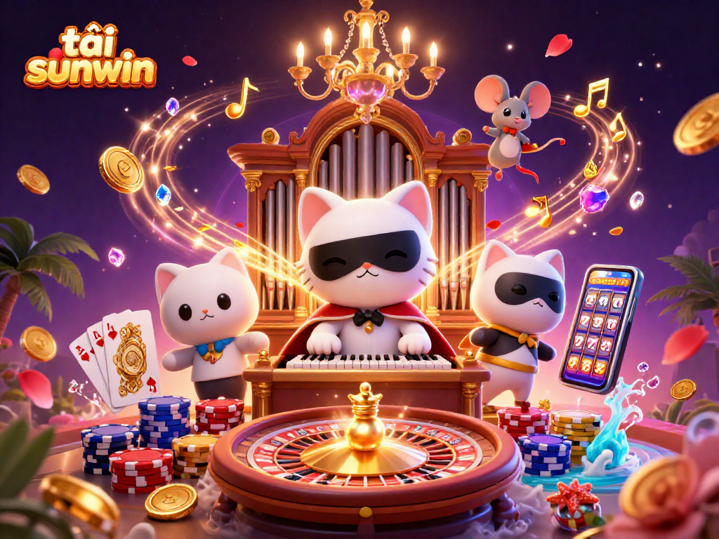Play slots and win with tải sunwin, featuring a vibrant casino scene with 3D characters and game elements.