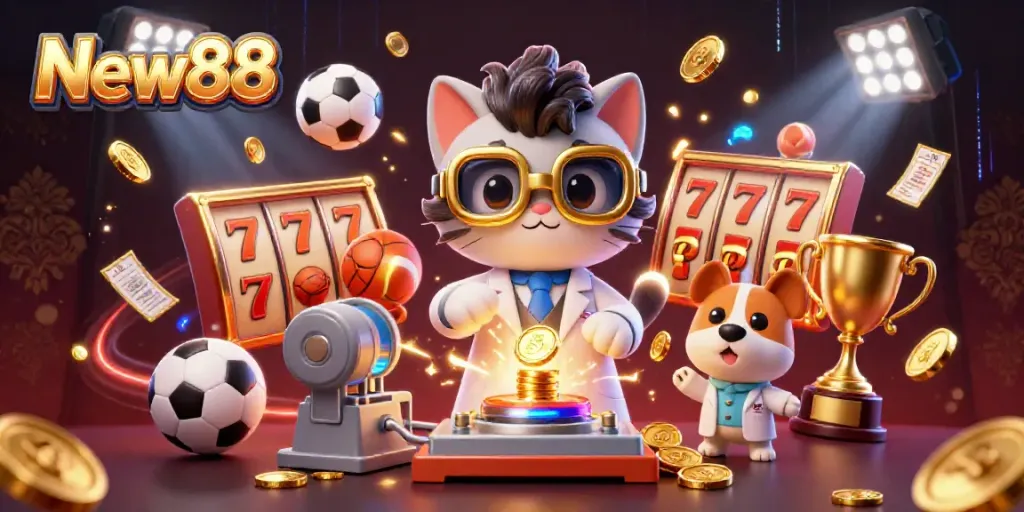 Experience the vibrant excitement of New88 with this dynamic 3D illustration showcasing gambling elements.