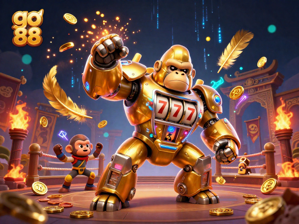 Engage with go 88 in this dynamic casino scene featuring a golden gorilla mech and vibrant game elements.