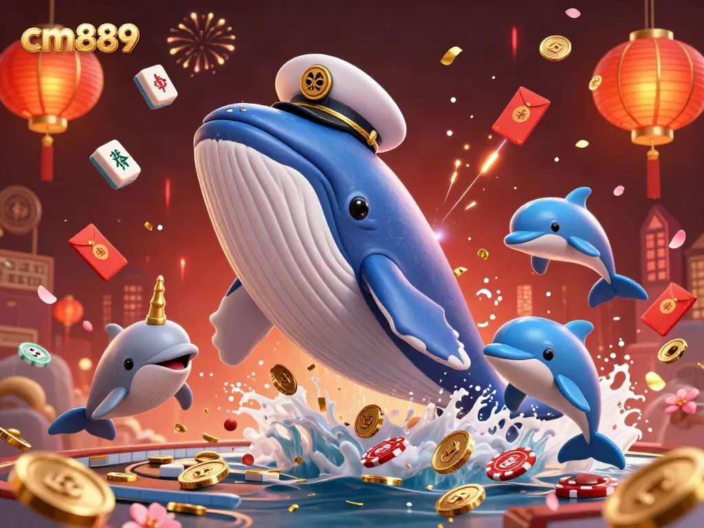 Engaging cm889 gaming scene featuring a giant whale and cheerful dolphins with poker chips amidst vibrant casino elements.