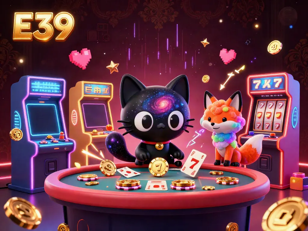 Experience thrilling gameplay at E39 with a vibrant 3D casino illustration showcasing unique game elements and characters.