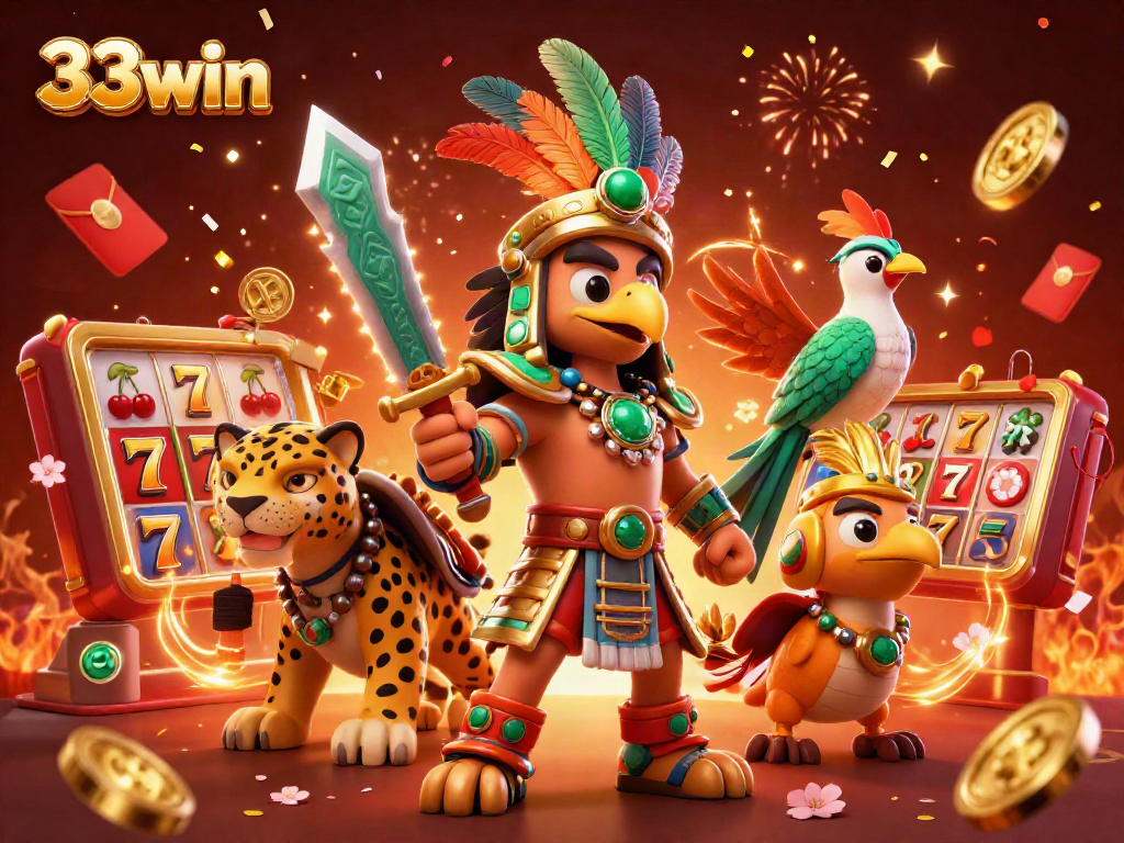 33win slots illustration featuring Aztec characters amidst vibrant casino elements and festive decorations.