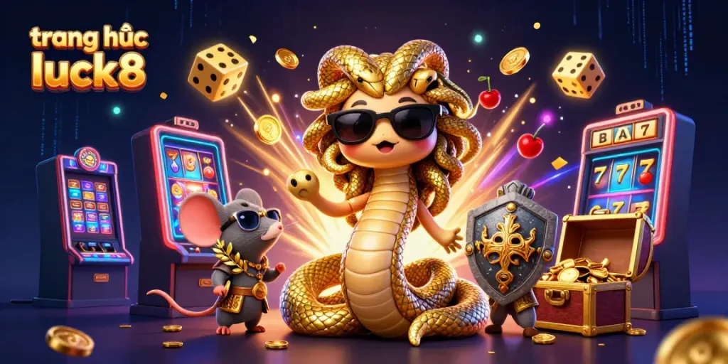 Experience the excitement of the online casino with the "trang chủ luck8" scene filled with slot machines, characters, and vibrant game elements.