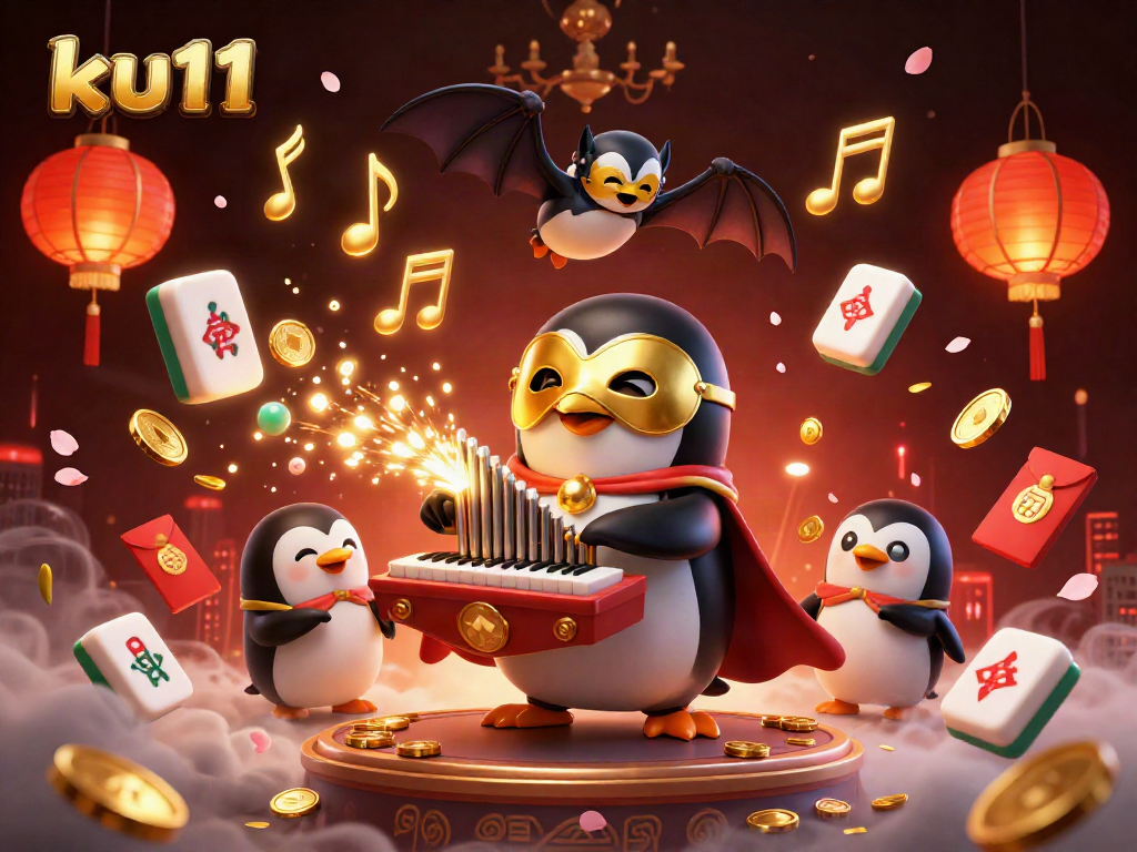Experience the thrill of ku11 with a 3D illustration featuring a playful penguin and dynamic casino elements.