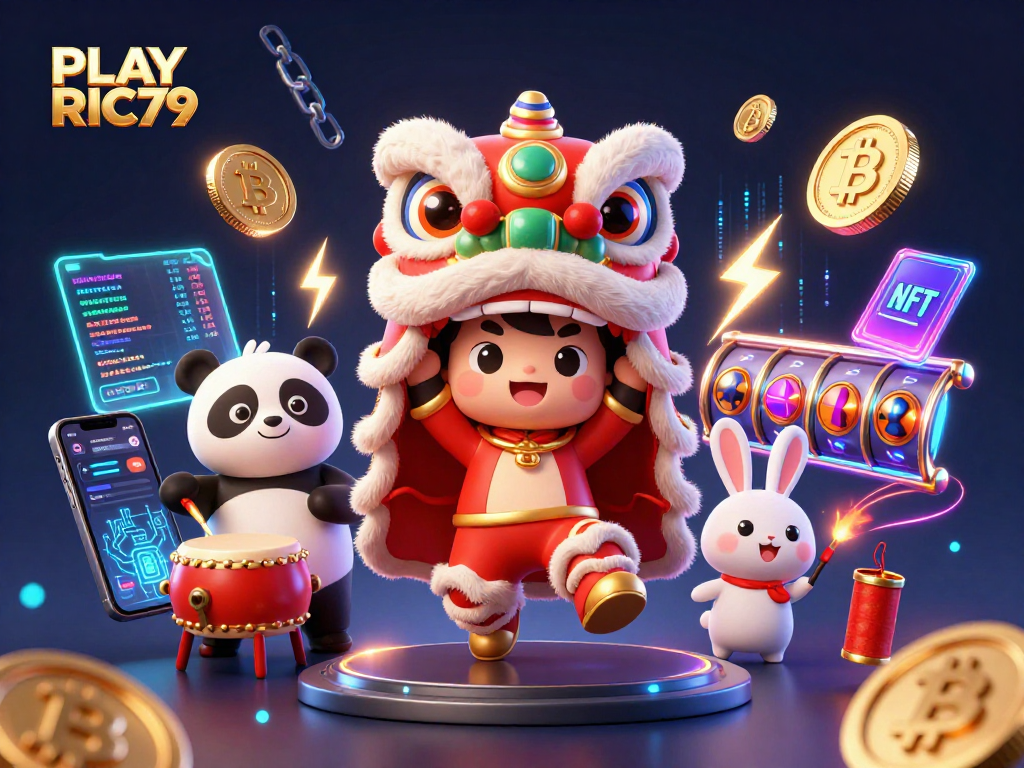 Engage with thrilling gameplay at PLAY RIC79, where vibrant characters celebrate with crypto and slot action.