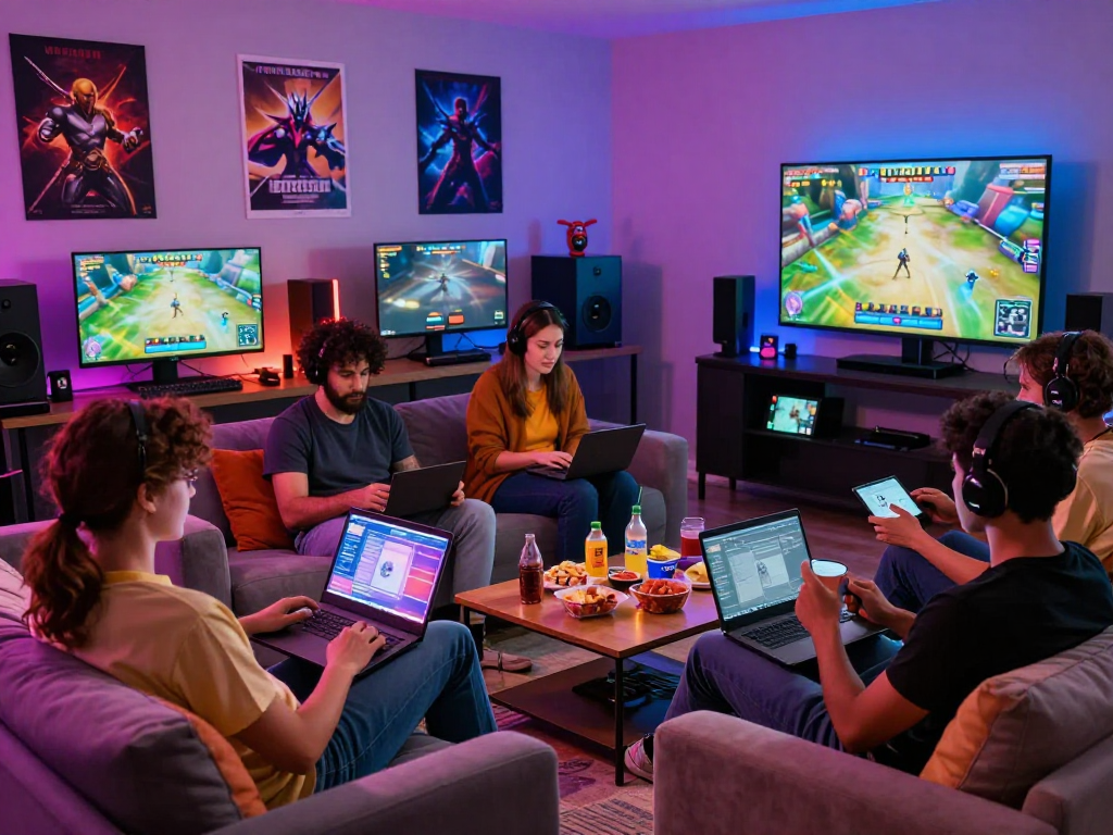 Engaged adults playing online porn games on multiple devices in a vibrant gaming lounge