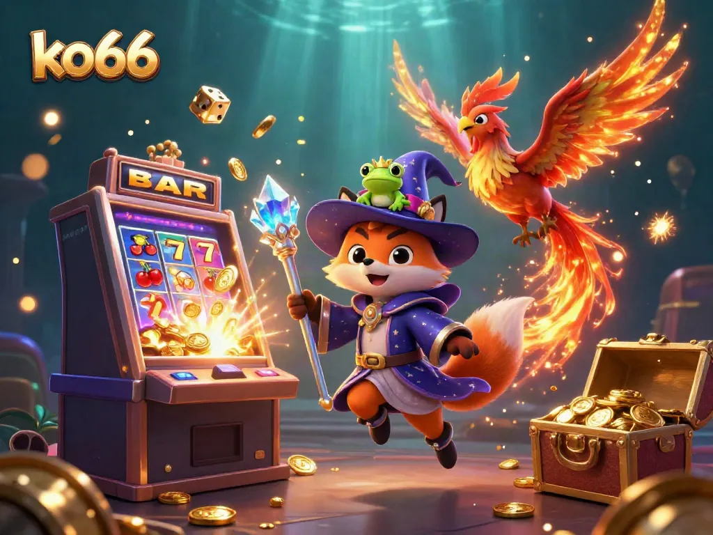 Experience excitement with ko66 as the wizard fox, phoenix, and enchanted frog celebrate a jackpot win.