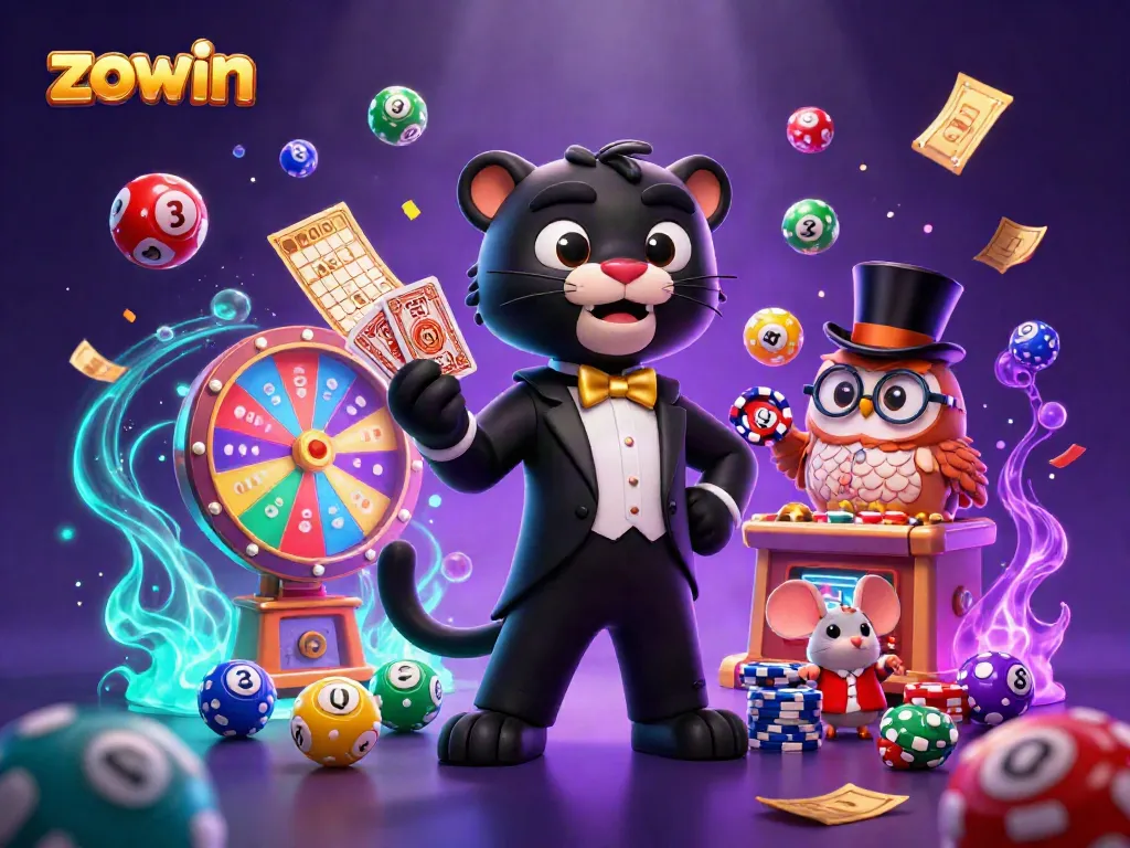 A stylish panther, owl, and mouse engage in exciting gambling action at zowin, surrounded by colorful casino game elements.