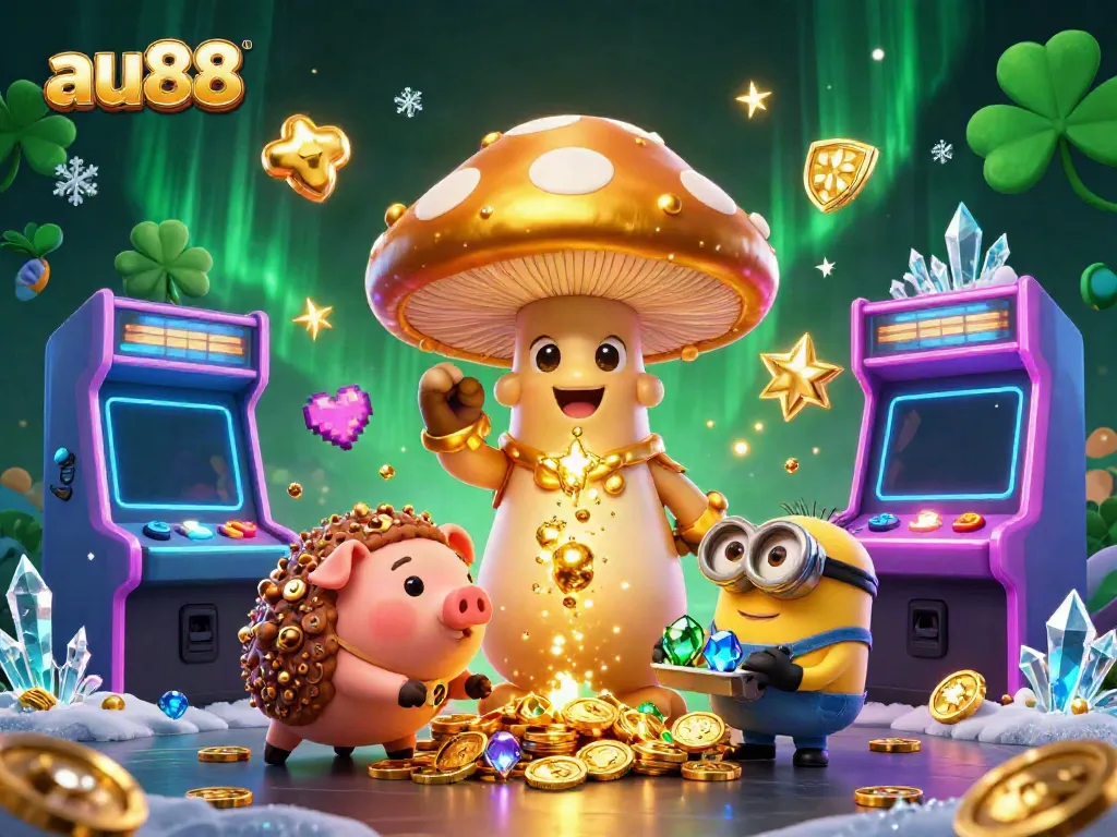 A vibrant illustration showcasing the au88 casino experience with magical elements, golden treasures, and dynamic gaming elements.