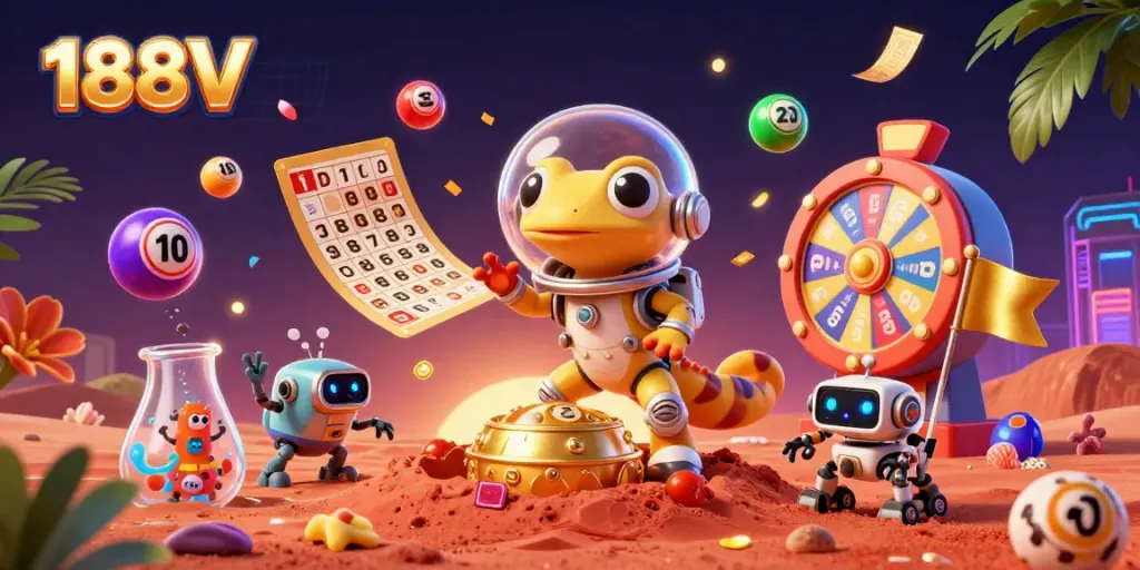 Play thrilling games at 188V, featuring vibrant colorful lottery elements in a dynamic casino atmosphere