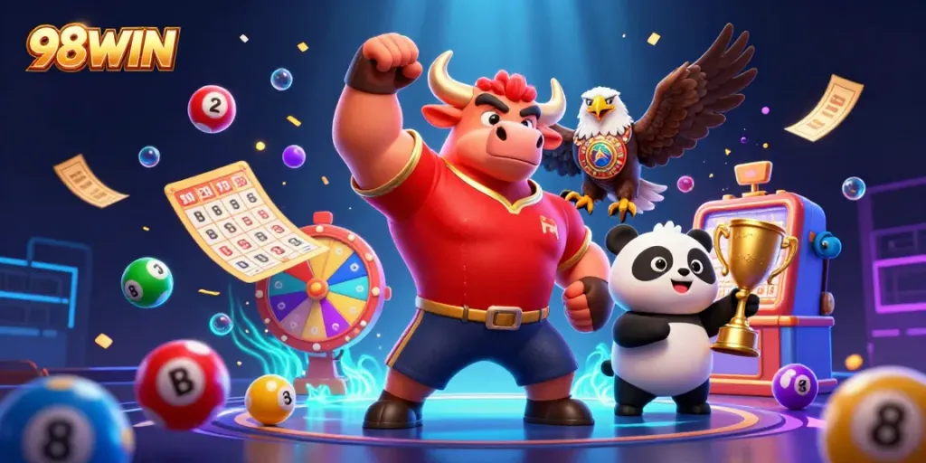 Experience thrilling wins at 98WIN with energetic casino elements and fun characters celebrating!