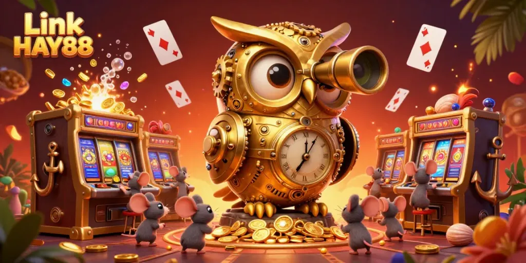 Engage in gaming with Link HAY88 featuring a golden owl and vibrant casino elements.
