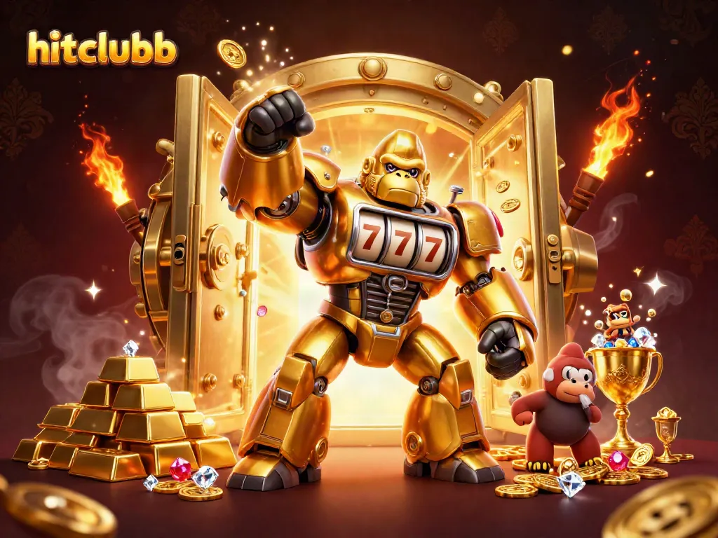 Experience thrilling jackpot wins with hitclubb in an exhilarating 3D casino scene featuring a golden gorilla mech.