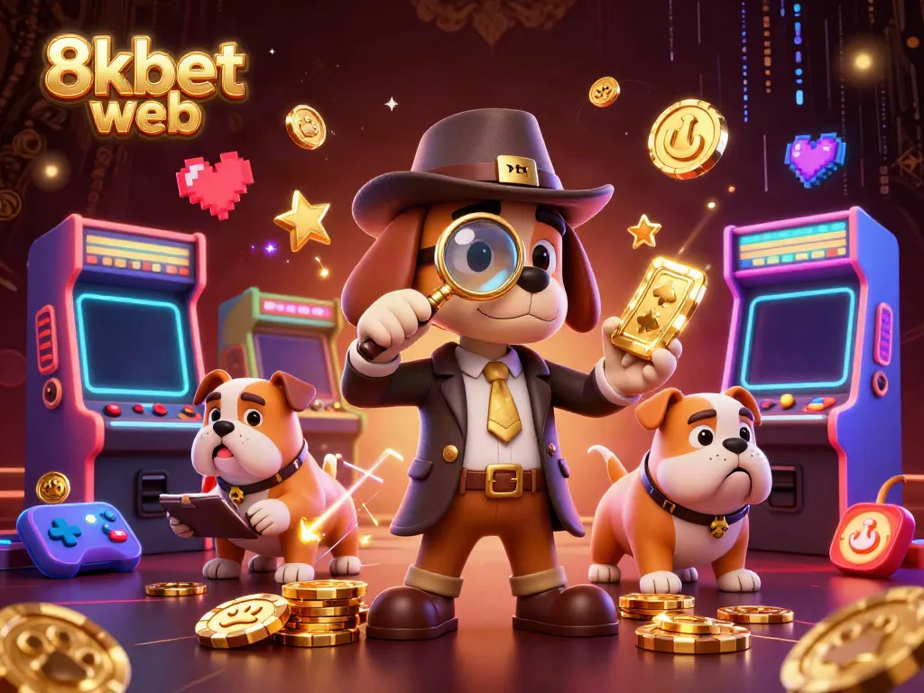 Experience the thrill of 8xbet web with a detective uncovering golden poker clues in a dynamic casino scene.