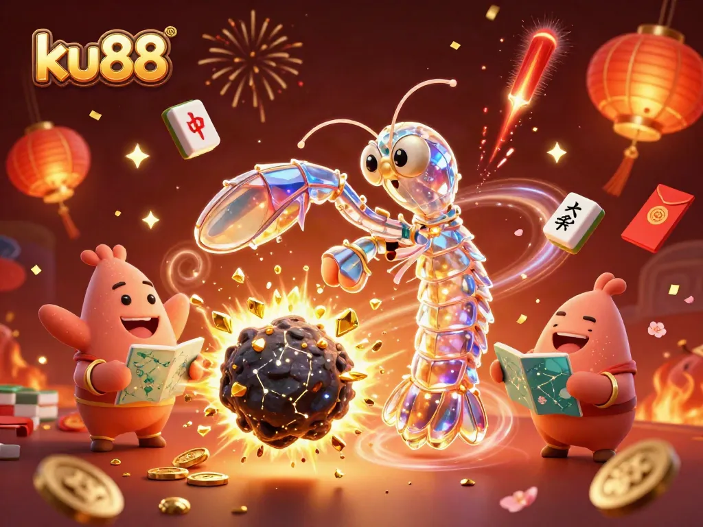 Experience exhilarating action with ku88 as a galactic mantis shrimp bursts through an asteroid showering gems and gold.