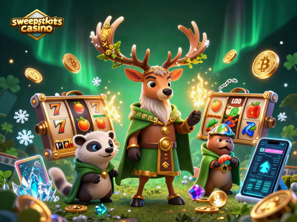Engage in thrilling action at the sweepstakes casino with 3D Celtic druid characters and colorful slot elements.