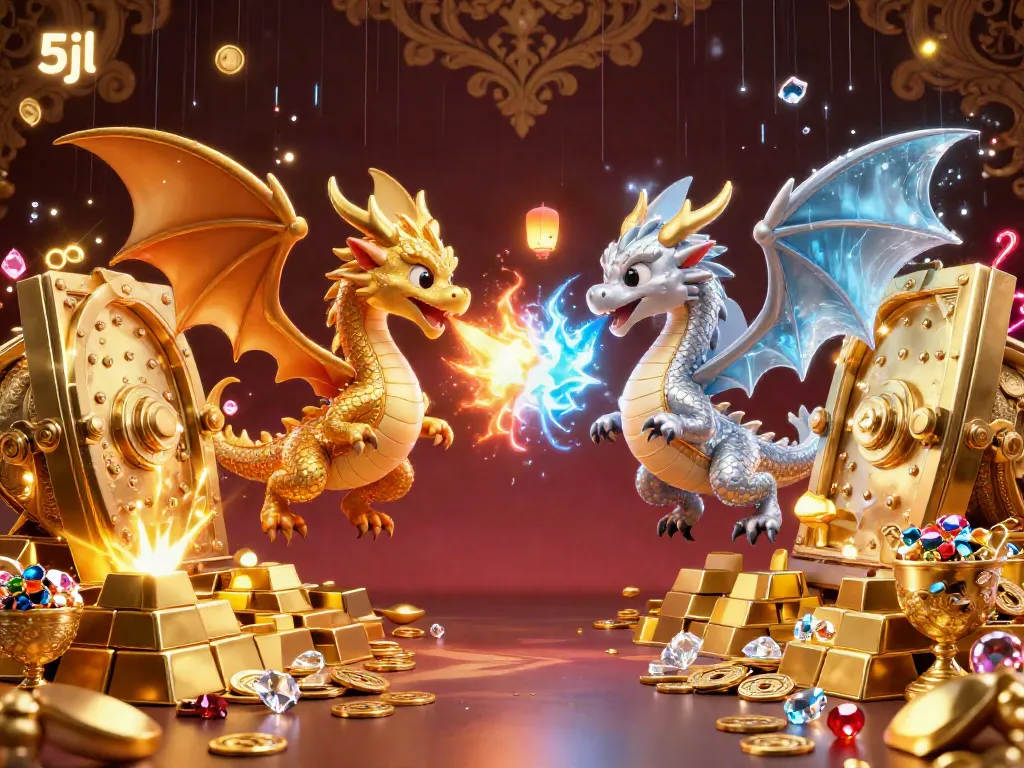 Win big with the 5jl gaming excitement featuring twin dragons guarding treasure and jewels.