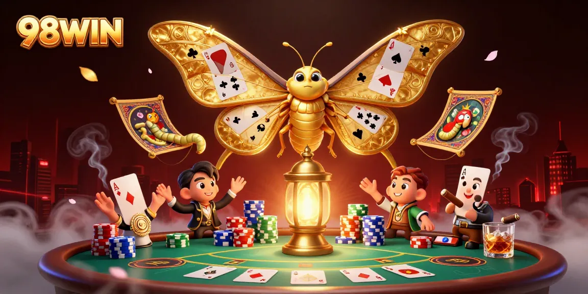 Engage with thrilling gameplay at 98WIN, illustrated with vibrant casino characters and elements.