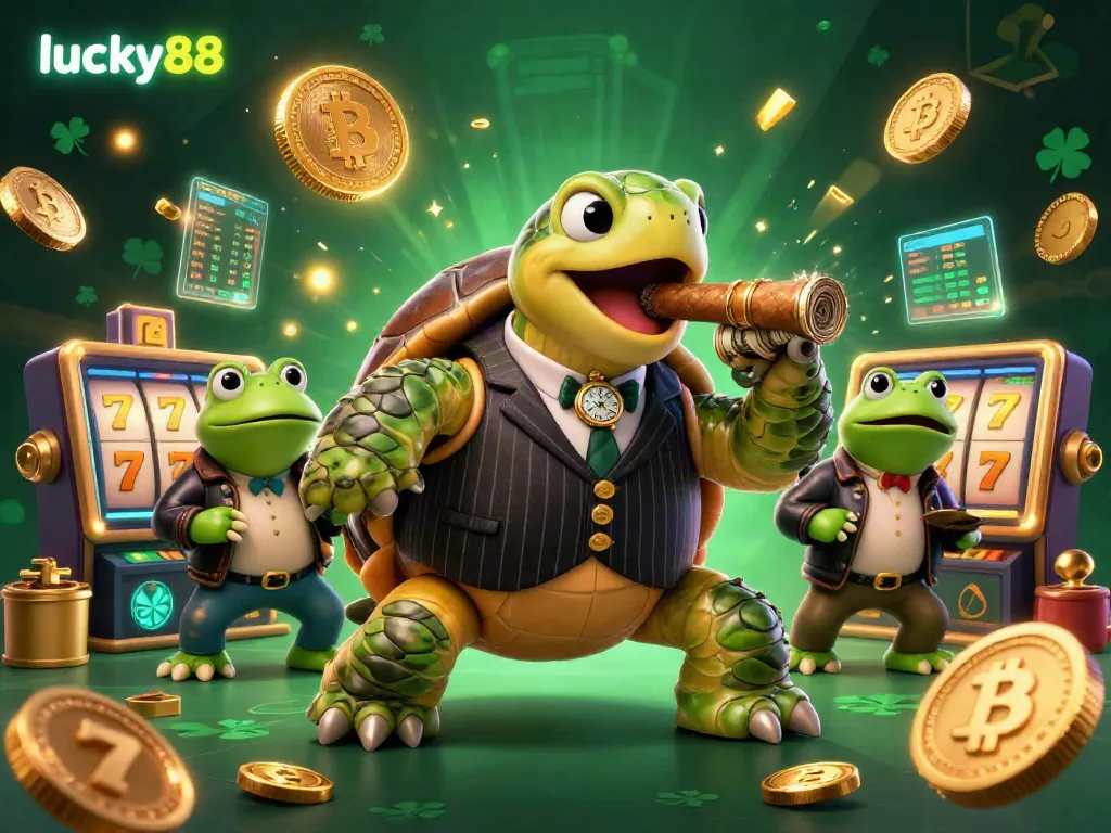 Experience the excitement of lucky88 with a dynamic turtle mobster surrounded by casino elements.