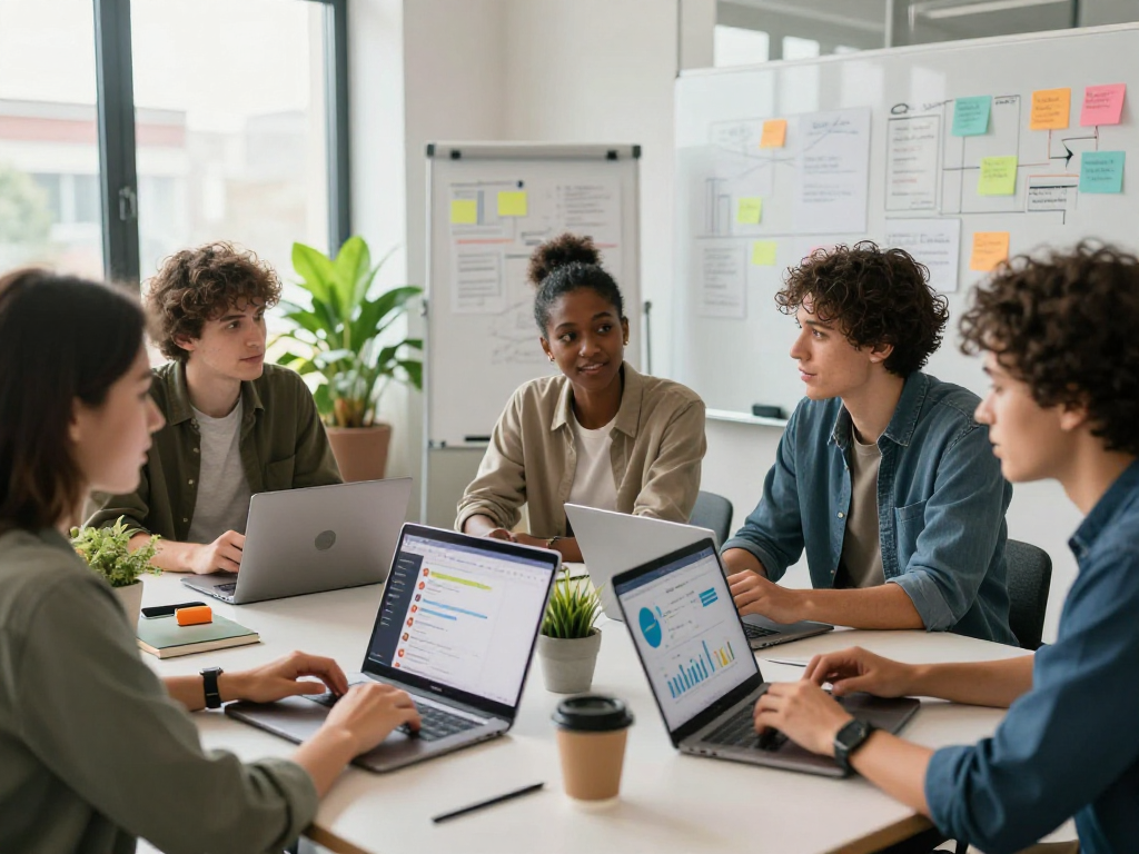Engaging group discussing juicy chat technology in a modern office environment.