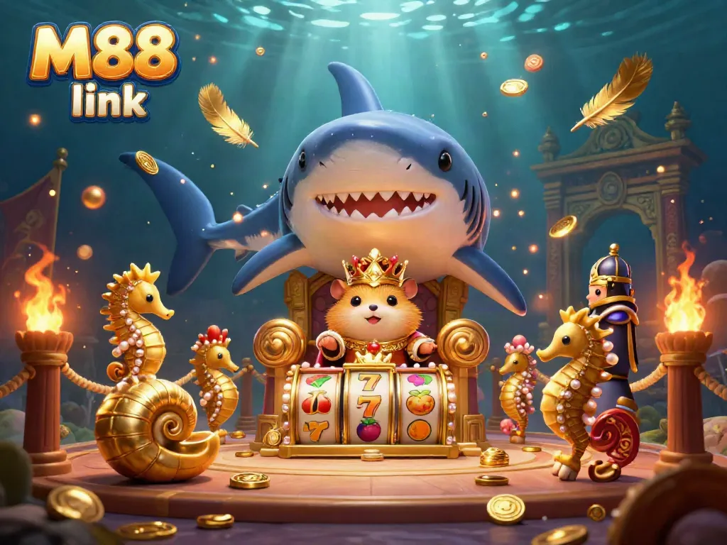 Engage with the captivating M88 link scene showcasing a fierce golden hamster king and dynamic casino elements.