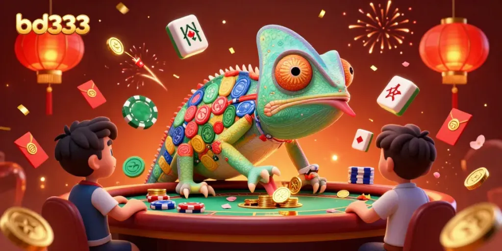 Experience the vibrant casino world of bd333 with a colorful chameleon character capturing golden coins amidst festive elements.