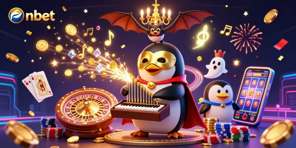 Engage with nbet's thrilling world of gambling as the phantom opera penguin plays golden music in a vibrant casino.