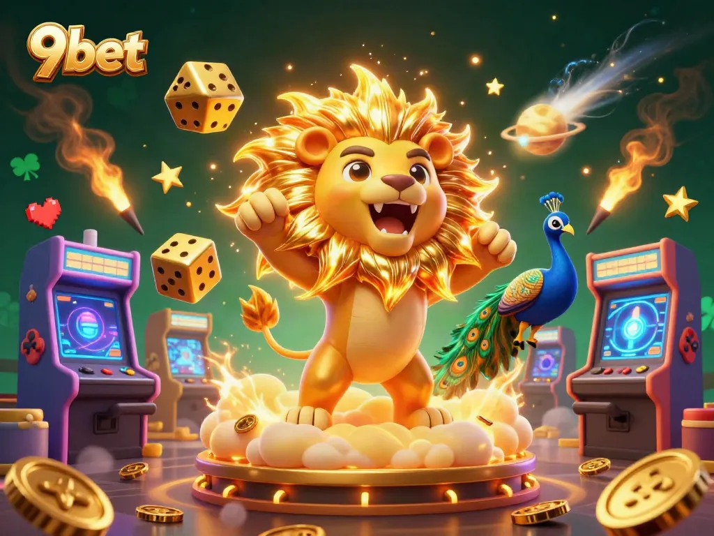 Experience thrilling gaming with 9bet's vibrant casino elements in an engaging 3D illustration.
