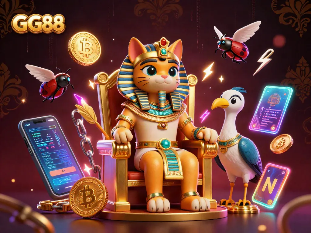Join the excitement of GG88 with a vibrant 3D illustration featuring a pharaoh cat and crypto elements.
