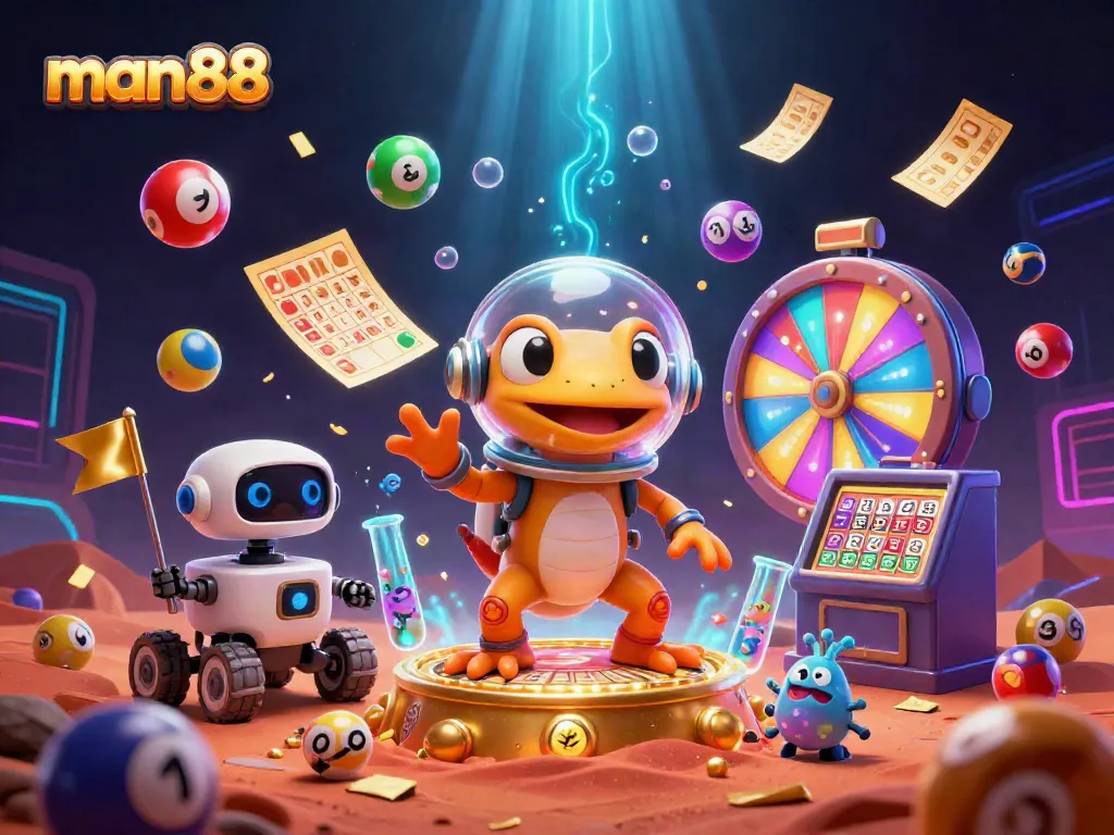 Experience the excitement of man88 casino with a Martian gecko exploring a golden casino amidst vibrant lottery elements.