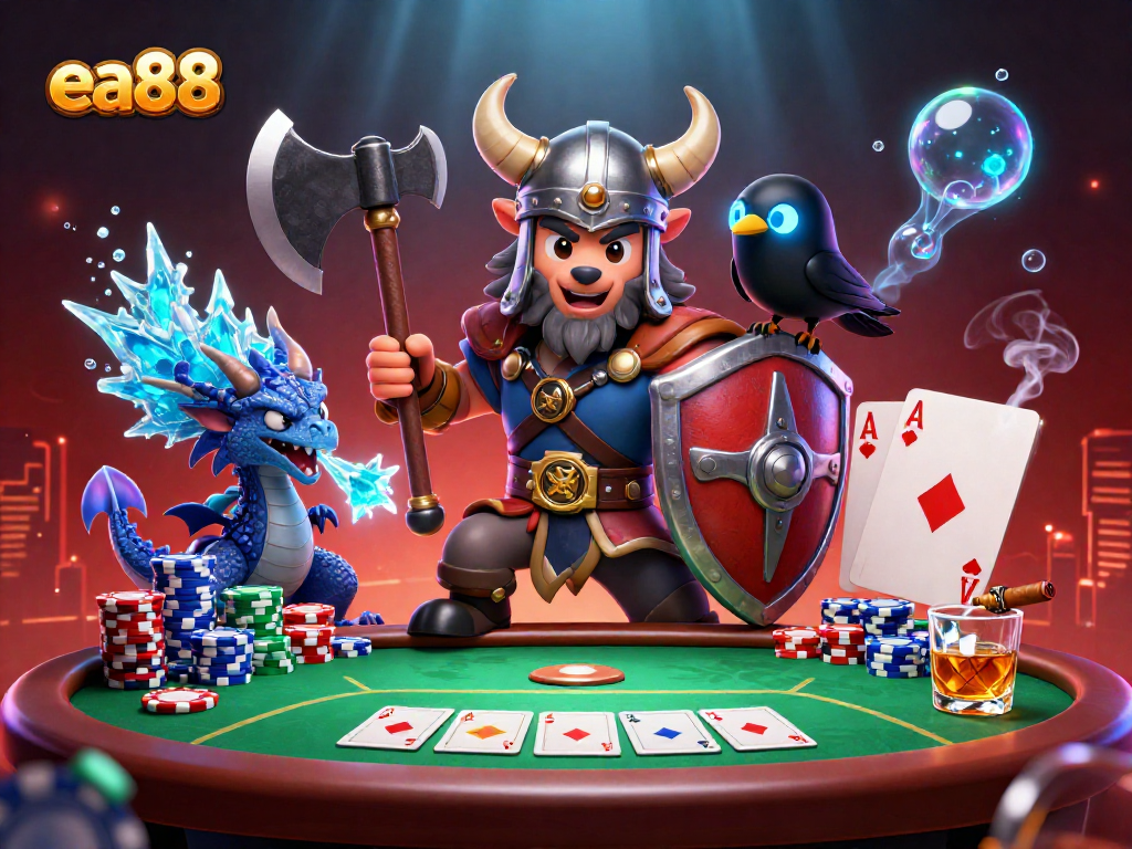 Experience thrilling gameplay at ea88 with a dynamic Viking wolf warrior, fiery dragon, and lively poker elements.