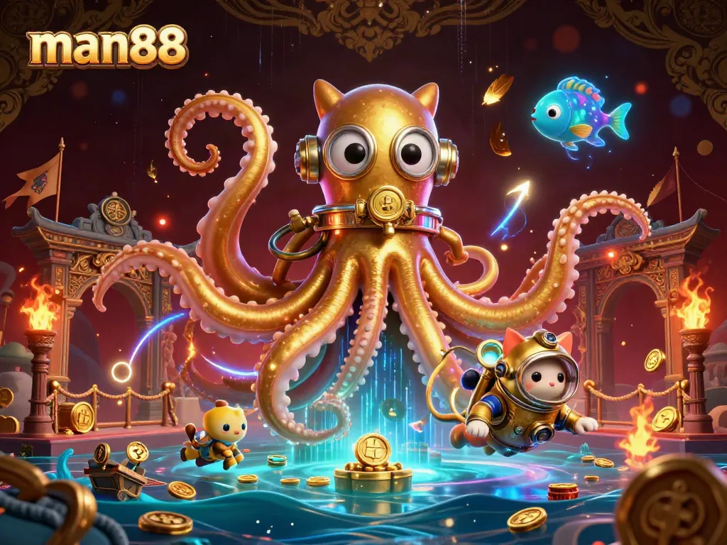 Experience thrilling games at man88 with a vibrant scene featuring a colossal kraken and a diving cat, surrounded by action-packed casino elements.