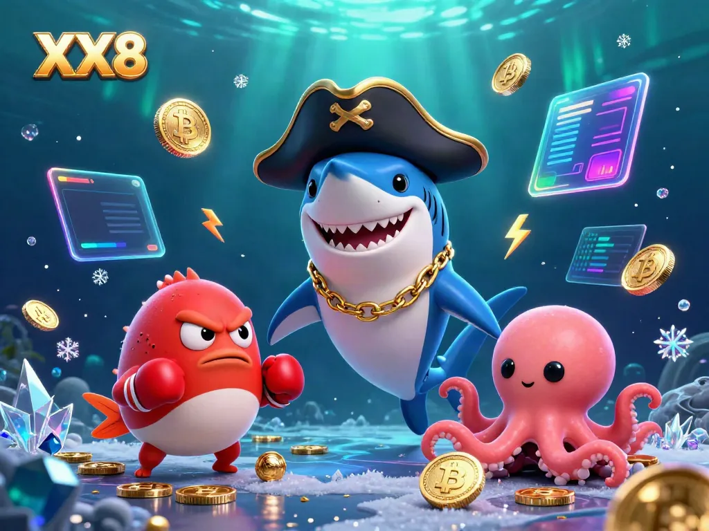 Engage with the action of XX8 in a vibrant underwater casino scene featuring cartoon characters and crypto elements.