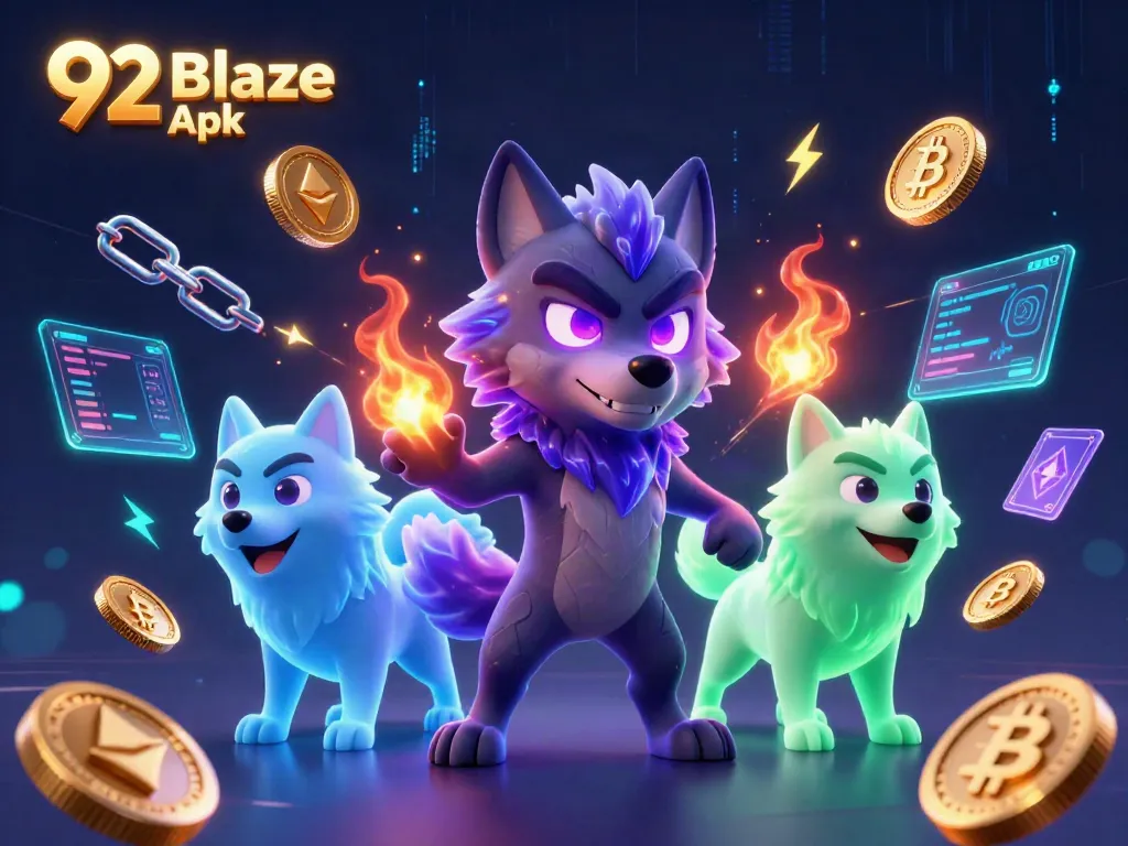 Engage in thrilling gameplay with 92 Blaze Apk, showcasing spectral wolves and blockchain elements in a vibrant scene.