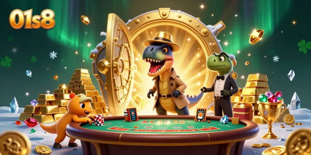 Experience exhilarating moments at 01s8 casino, featuring a velociraptor card counter and stegosaurus pit boss.