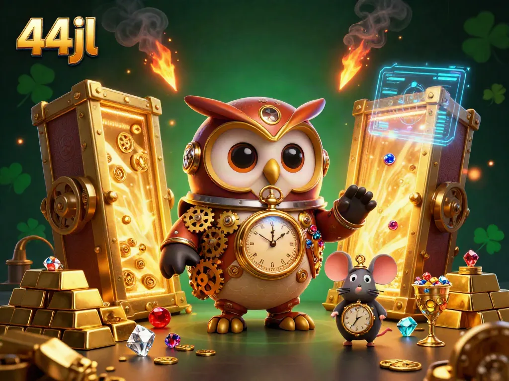 Experience the thrill of 44jl with a fantastical steampunk owl and treasures in a lively casino scene.