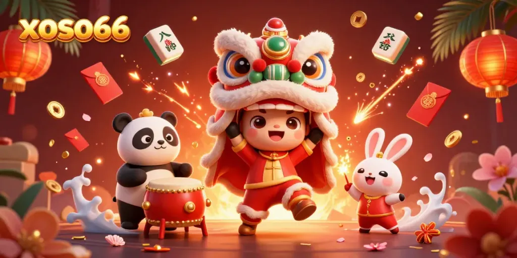 Experience exhilarating xoso66 gameplay with cartoon lion dancers, drumming panda, and festive decorations.