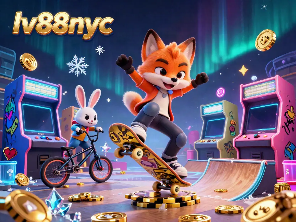 Experience vibrant casino fun with lv88nyc's cartoon fox and rabbit in an energetic gaming scene.