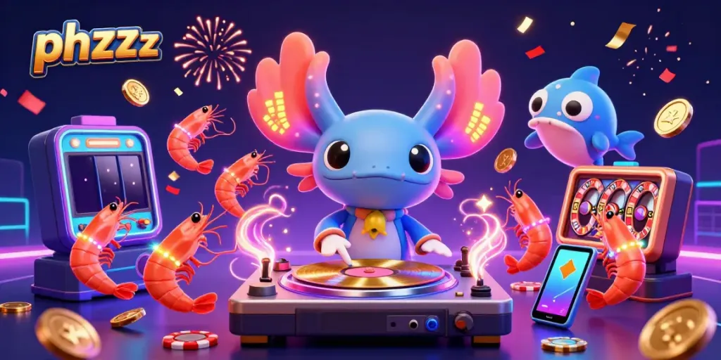 Experience the vibrant casino atmosphere with phzzz, featuring a neon axolotl DJ and lively characters celebrating gaming.