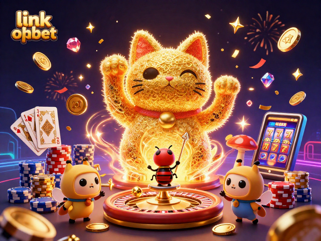 Experience winning moments at link oxbet, a vibrant 3D illustration of a lucky cat and casino elements.