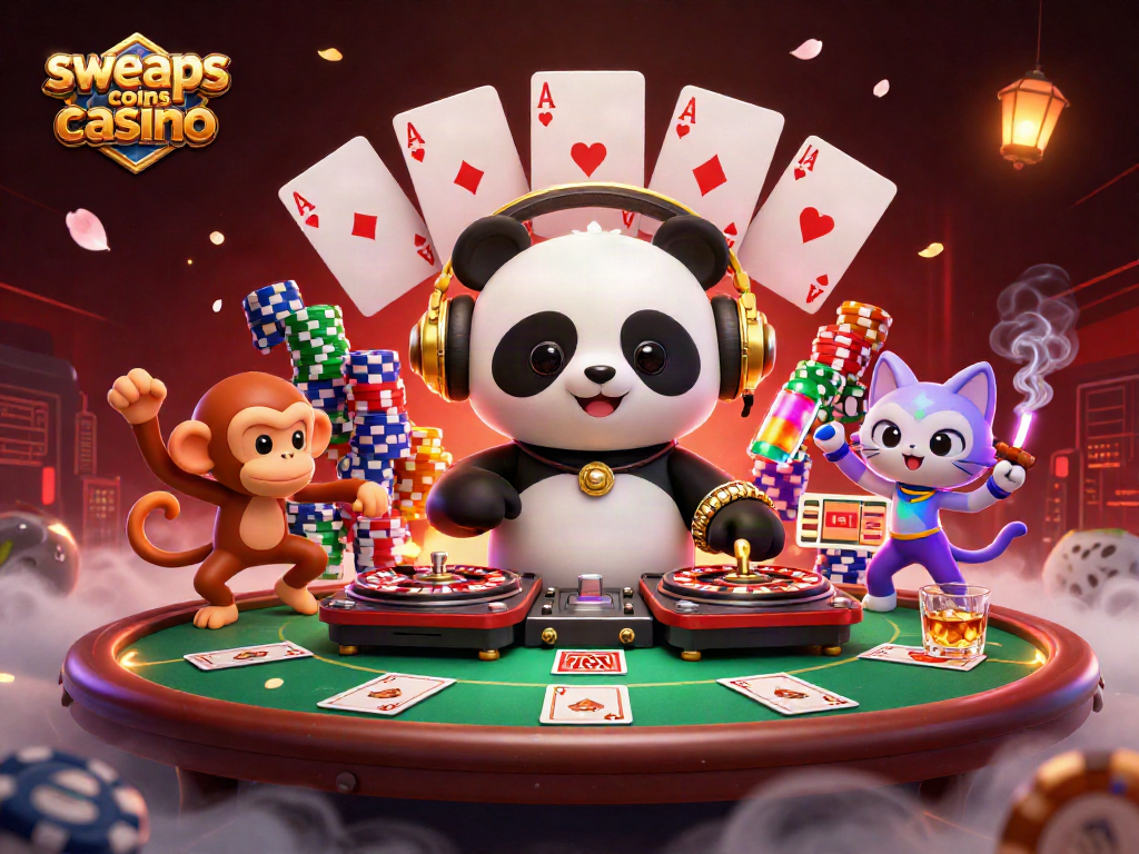 Engage in the vibrant sweeps coins casino scene featuring a DJ panda and lively characters.
