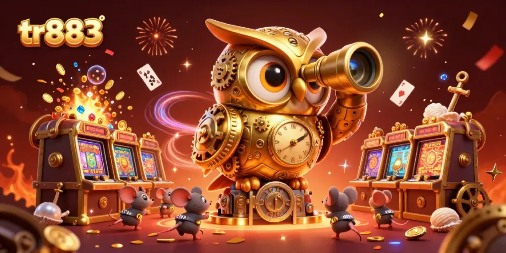 Experience the thrill of tr883 gameplay with a mesmerizing owl and winding mice among vibrant casino elements.