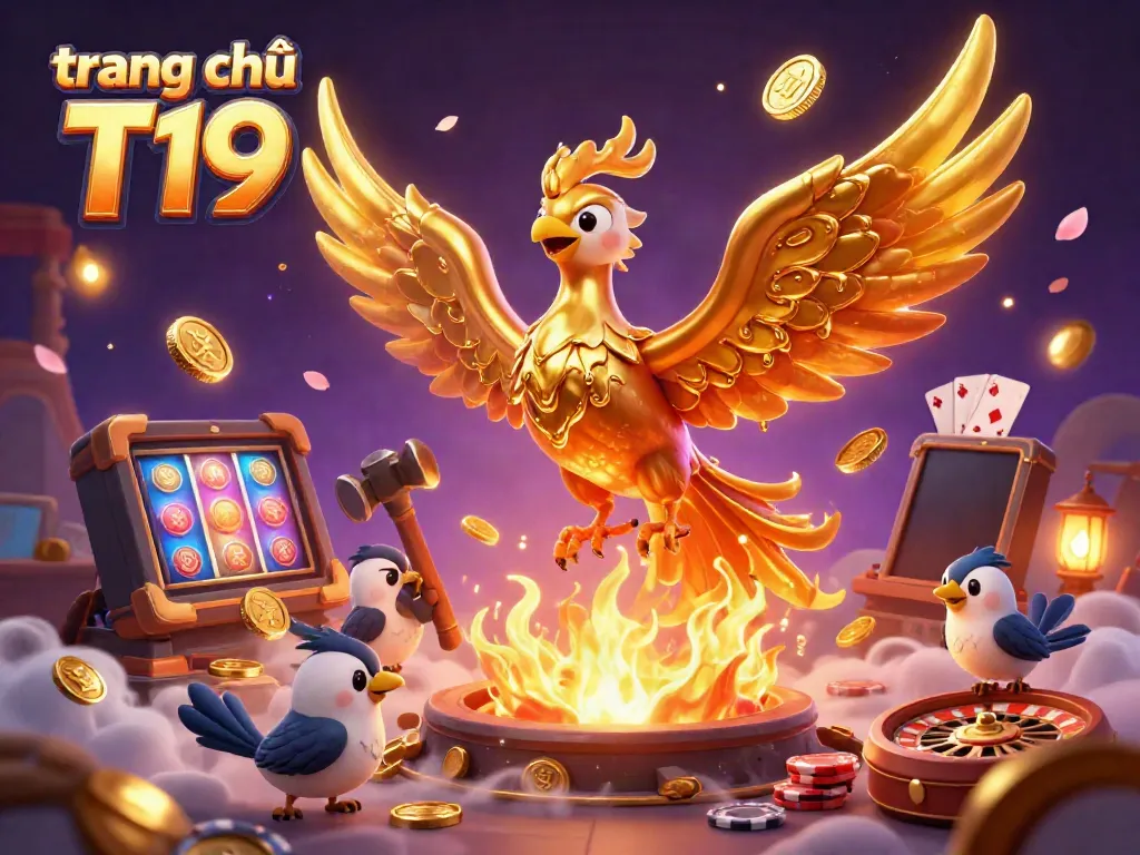Engage with the vibrant world of trang chủ T19 through an ultra-detailed 3D casino illustration featuring a phoenix and dynamic game elements.