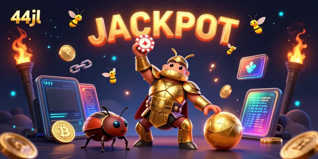 Experience a thrilling victory at 44jl with characters celebrating a jackpot amidst dazzling casino elements.