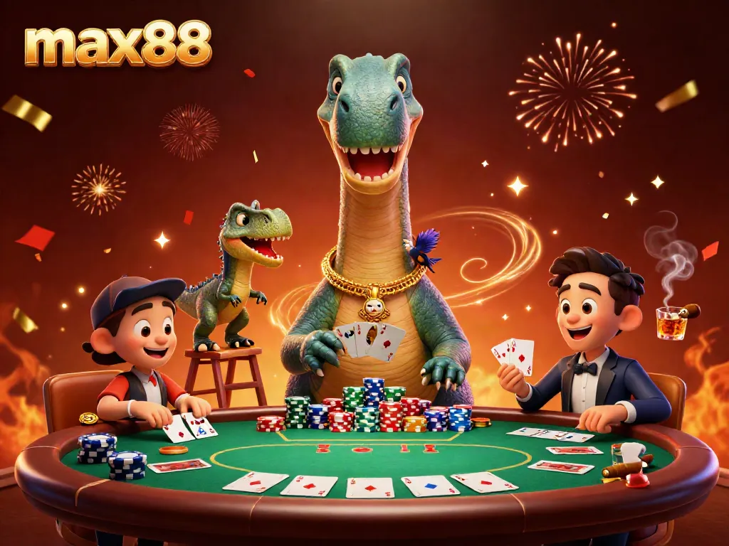Experience thrilling poker action with max88 in a vibrant casino scene featuring entertaining dinosaur characters.