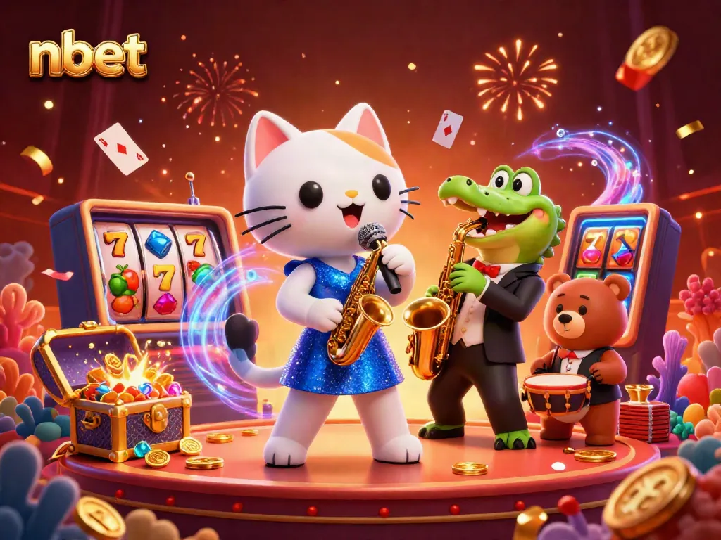 Experience lively festivities with nbet at the casino, highlighted by colorful slots and musical characters.