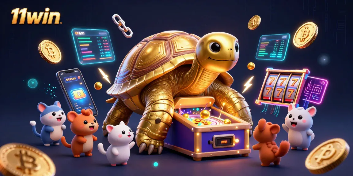 Engaging 11win gaming illustration featuring a golden tortoise and crypto elements.
