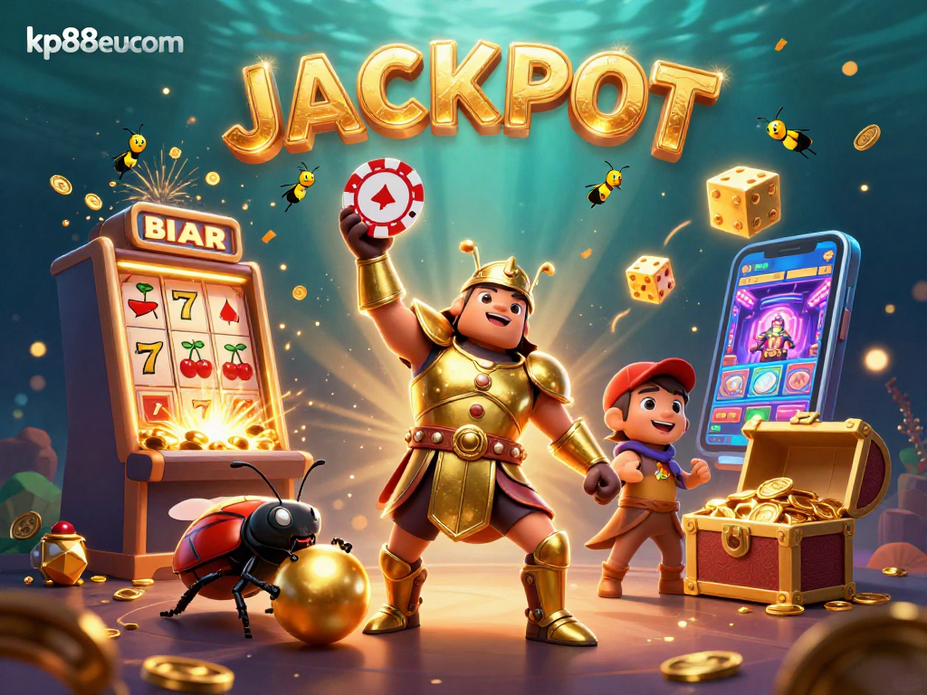 Engage with the thrilling world of kp88eucom, showcasing a heroic beetle celebrating a jackpot with casino elements.